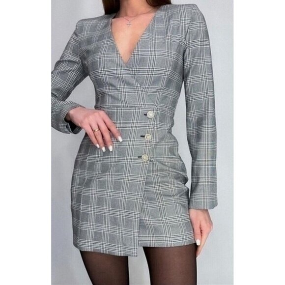 Zara Plaid Blazer Mini Dress Women's Size XS Jeweled Buttons L/S Faux Wrap Style - Picture 13 of 16
